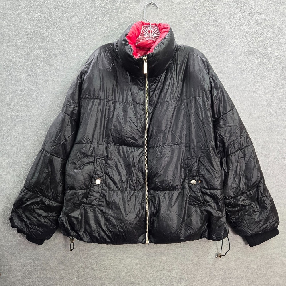 Michael Kors Women Jacket XL Black Puffer Logo Pockets Full Zip Mock‎ Neck
